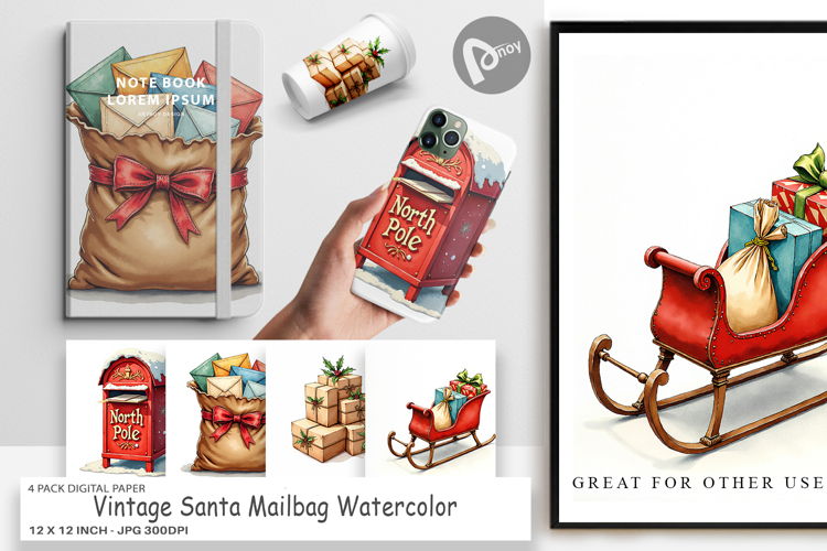 Vintage Santa's Mailbag Digital Paper
