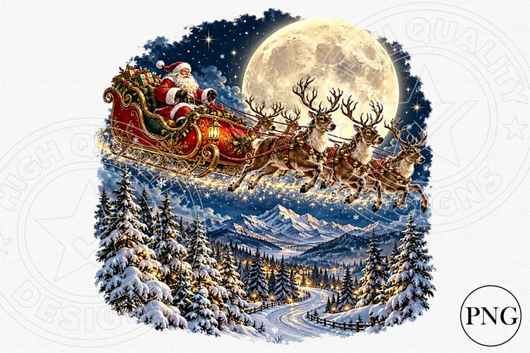 Vintage Santa Sleigh Christmas PNG | Moonlit Winter Wonderla