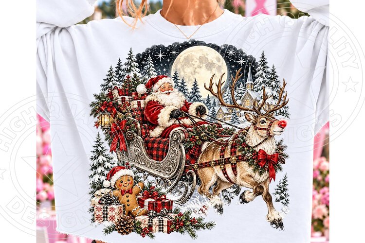 Vintage Santa Sleigh & Reindeer PNG | Moonlit Christmas Wond example image 1