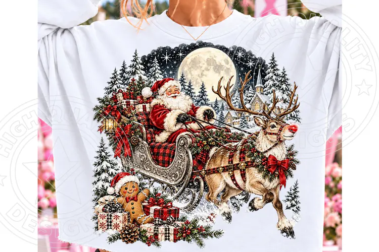 Vintage Santa Sleigh & Reindeer PNG | Moonlit Christmas Wond