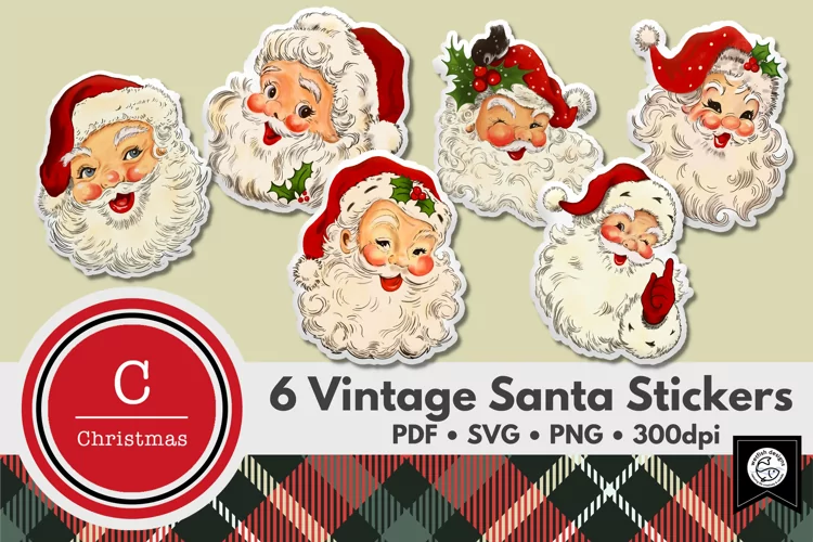 Digital Vintage Santa Stickers PNG, SVG & PDF
