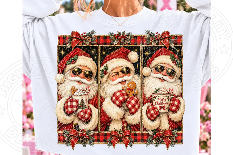 Vintage Santa Trio PNG | Sunglasses & Buffalo Plaid Christma
