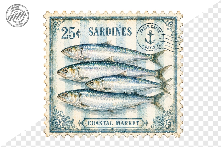 Vintage Sardines Coastal Market Stamp PNG Clipart