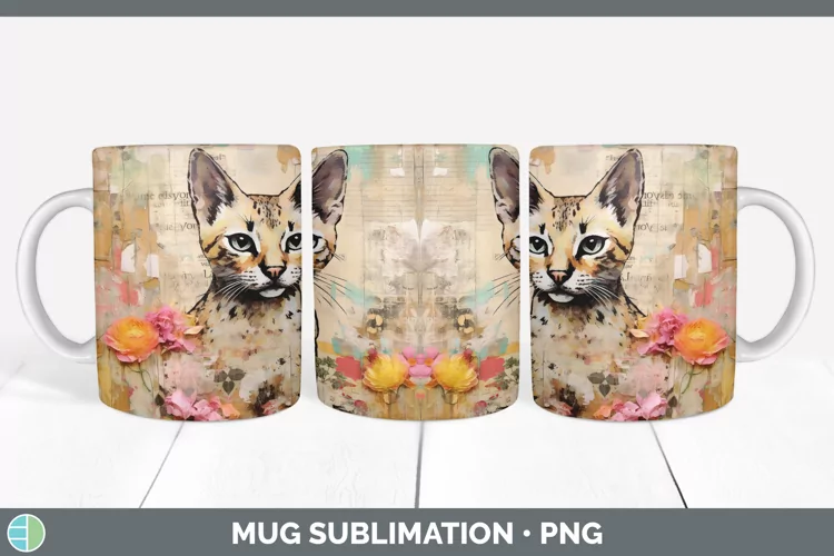 Vintage Savannah Cat Mug Wrap | Sublimation Coffee Cup Desig