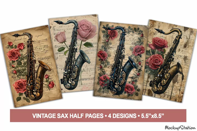 Vintage Saxophone & Music Notes Junk Journal Pages | Sax JPG