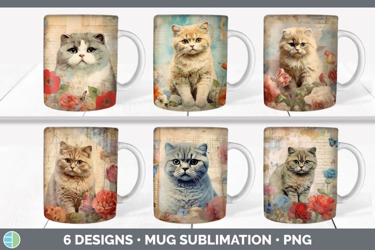 Bundle of six Decoupage Scottish Fold Cats Mug Wrap designs.