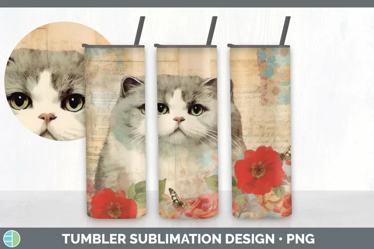 Vintage Scottish Fold Cat Tumbler | Sublimation 20 oz Skinny