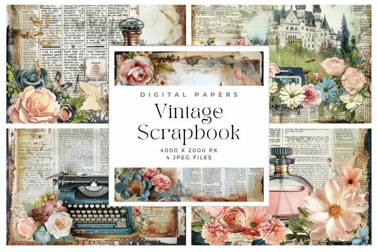 Vintage Scrapbook Page Blue and Pink Papers