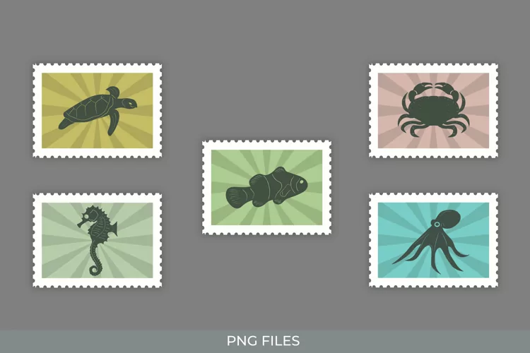 Vintage Sea Animals Postage for Scrapbook Clipart