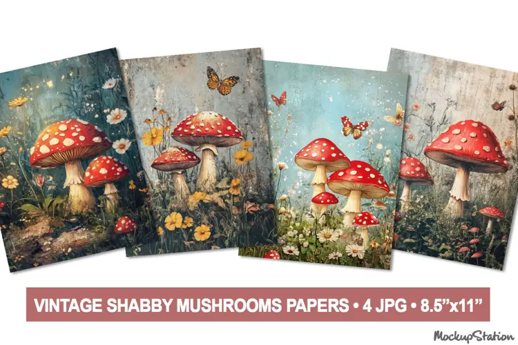 Vintage Mushrooms Junk Journal Pages | Shabby Mixed Media
