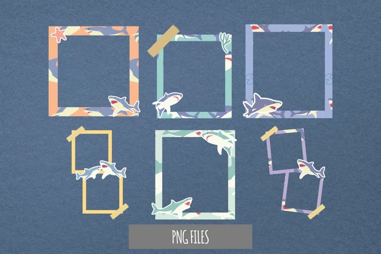 Vintage Shark Seamless Pattern Frame Set
