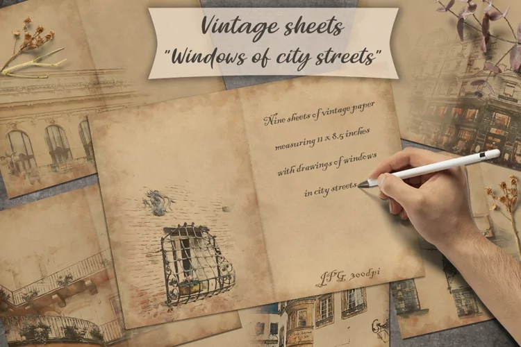 Vintage sheets "Windows of city streets". Digital Album 2