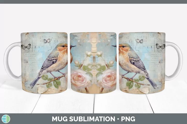 Vintage Skylark Birds Mug Wrap | Sublimation Coffee Cup Desi