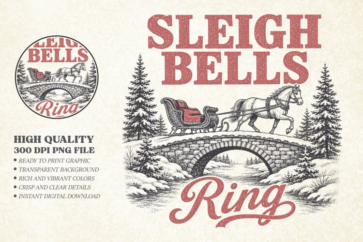 Vintage Sleigh Bells Ring Christmas Design, Christmas PNG example image 1