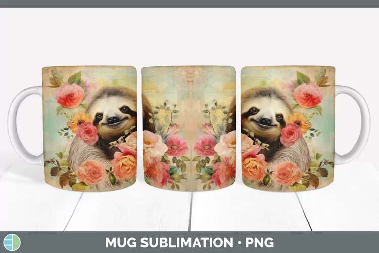 Vintage Sloth Mug Wrap | Sublimation Coffee Cup Designs