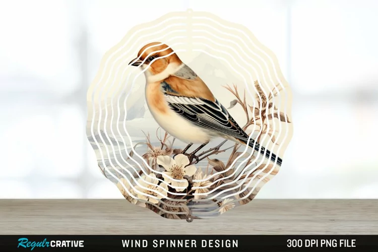 Vintage Snow Bunting Bird Wind Spinner Sublimation PNG