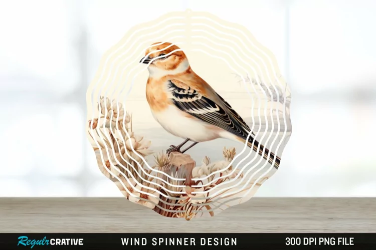 Vintage Snow Bunting Bird Wind Spinner Sublimation PNG