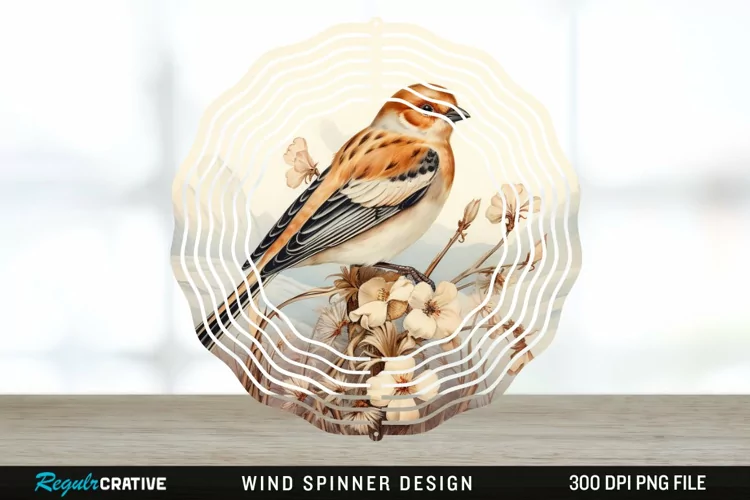 Vintage Snow Bunting Bird Wind Spinner Sublimation PNG