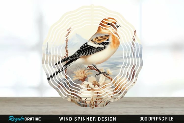 Vintage Snow Bunting Bird Wind Spinner Sublimation PNG