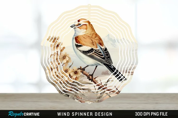 Vintage Snow Bunting Bird Wind Spinner Sublimation PNG