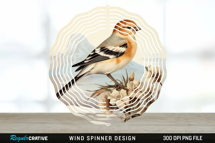 Vintage Snow Bunting Bird Wind Spinner Sublimation PNG