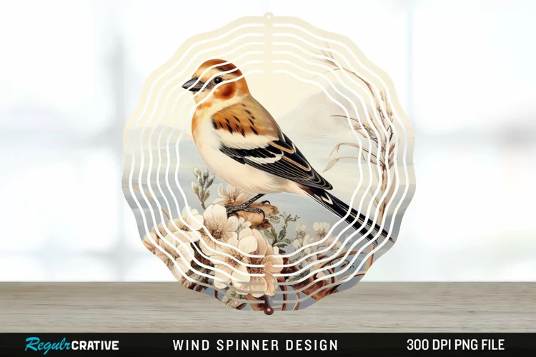 Vintage Snow Bunting Bird Wind Spinner Sublimation PNG