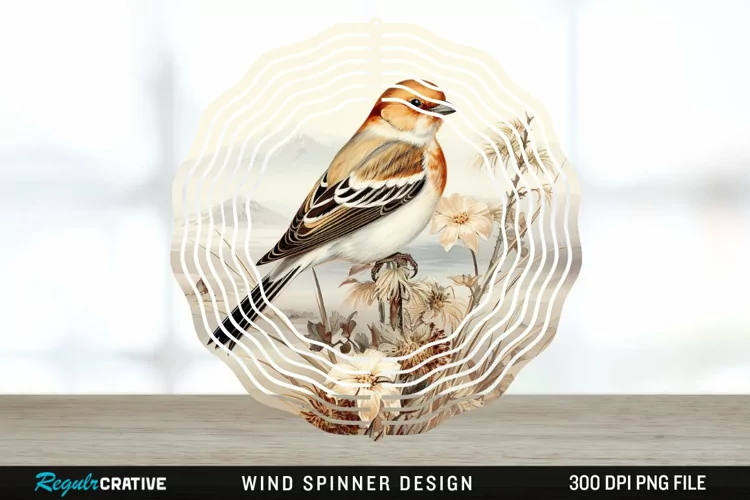 Vintage Snow Bunting Bird Wind Spinner Sublimation PNG