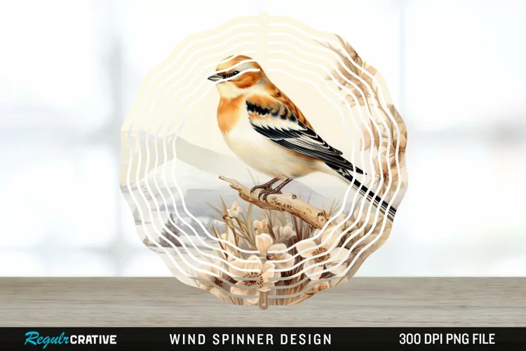 Vintage Snow Bunting Bird Wind Spinner Sublimation PNG