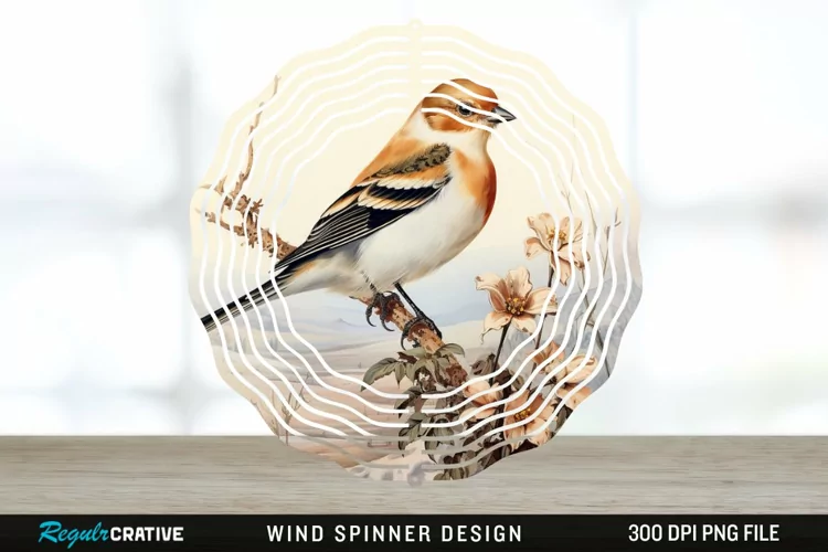 Vintage Snow Bunting Bird Wind Spinner Sublimation PNG