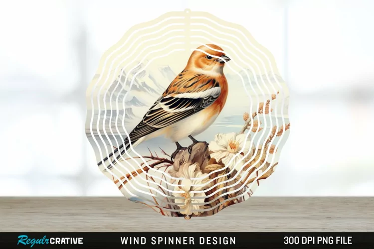 Vintage Snow Bunting Bird Wind Spinner Sublimation PNG