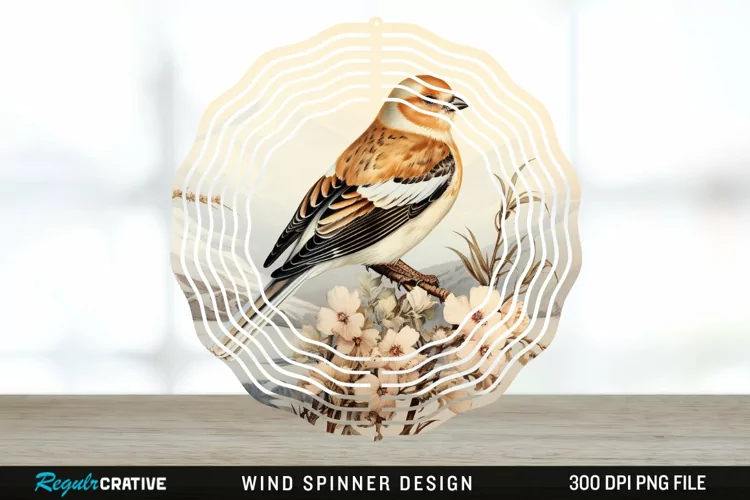 Vintage Snow Bunting Bird Wind Spinner Sublimation PNG