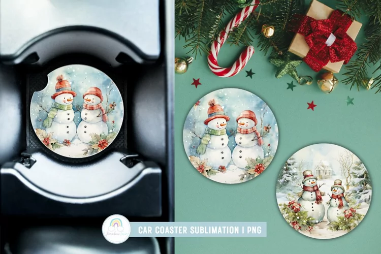 Vintage Snowman Christmas Car Coaster Sublimation Designs