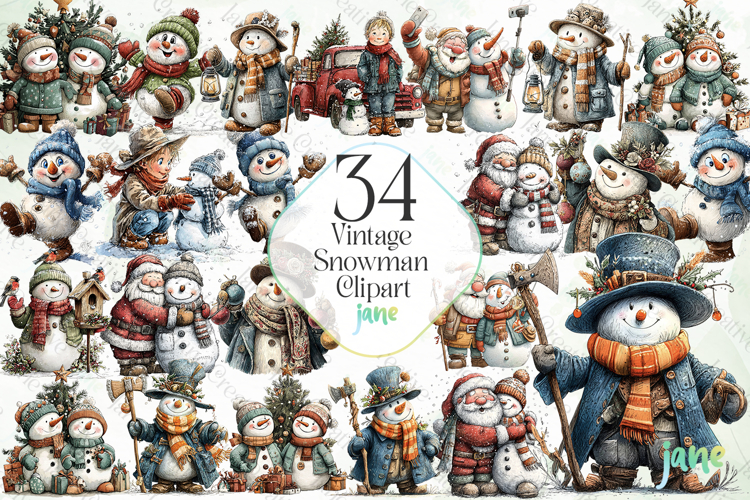 Vintage Snowman Clipart Sublimation
