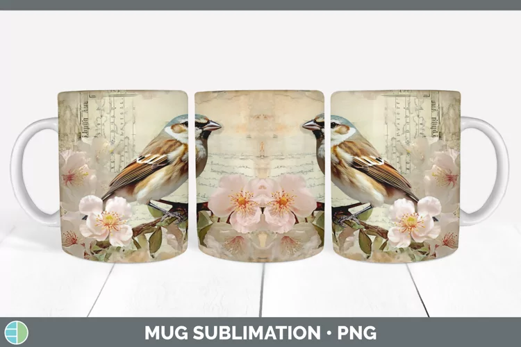 Vintage Sparrow Bird Mug Wrap | Sublimation Coffee Cup Desig
