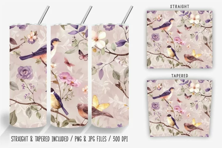 Vintage Spring Botanical Birds Tumbler