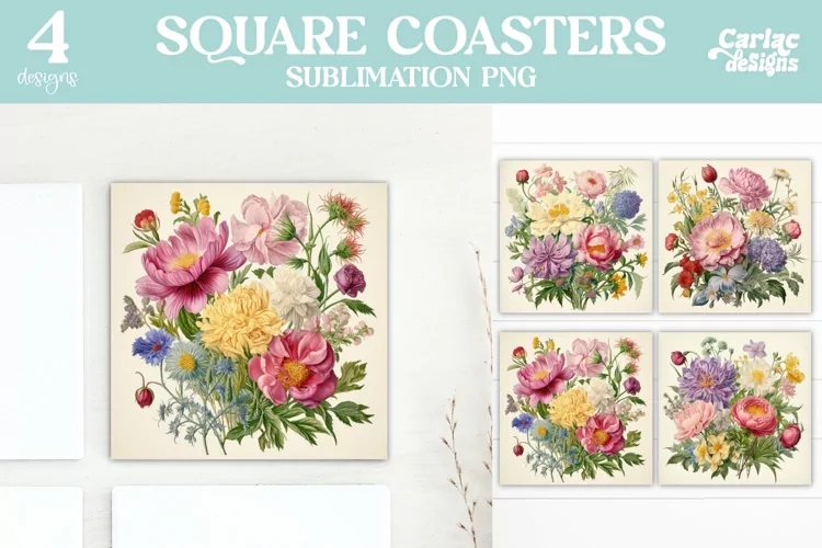 Flowers Coaster Sublimation, Vintage Square Coaster