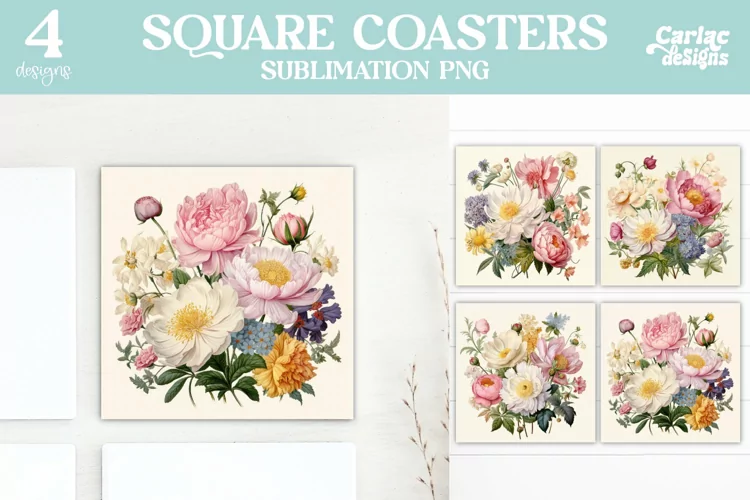 Flowers Coaster Sublimation, Vintage Square Coaster
