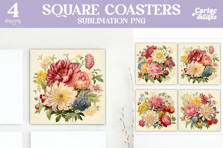 Flowers Coaster Sublimation, Vintage Square Coaster