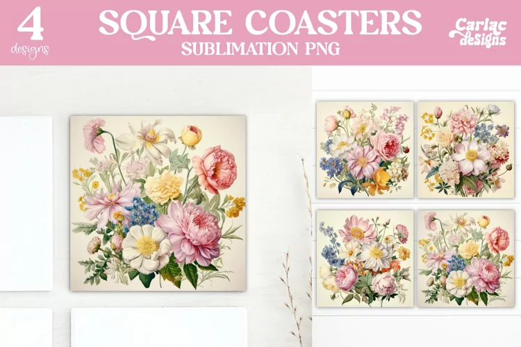 Flowers Coaster Sublimation, Vintage Square Coaster
