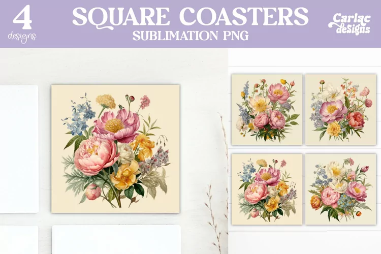 Flowers Coaster Sublimation, Vintage Square Coaster