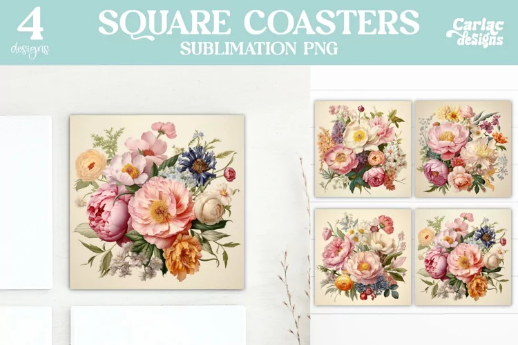 Flowers Coaster Sublimation, Vintage Square Coaster