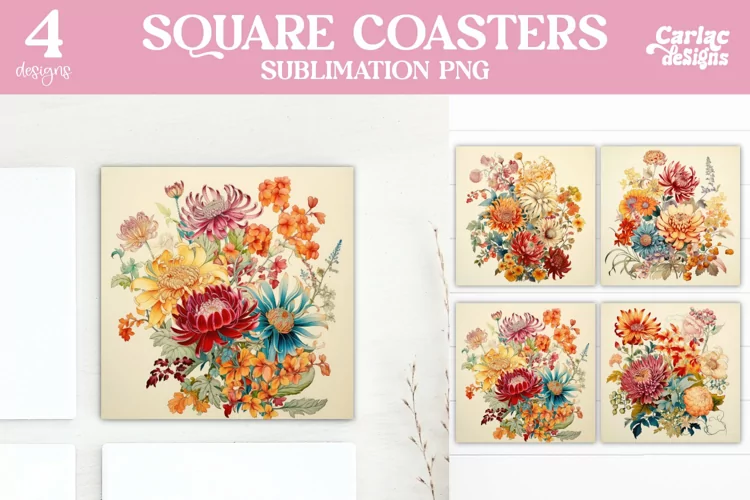 Flowers Coaster Sublimation, Vintage Square Coaster