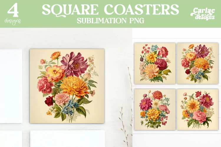 Flowers Coaster Sublimation, Vintage Square Coaster