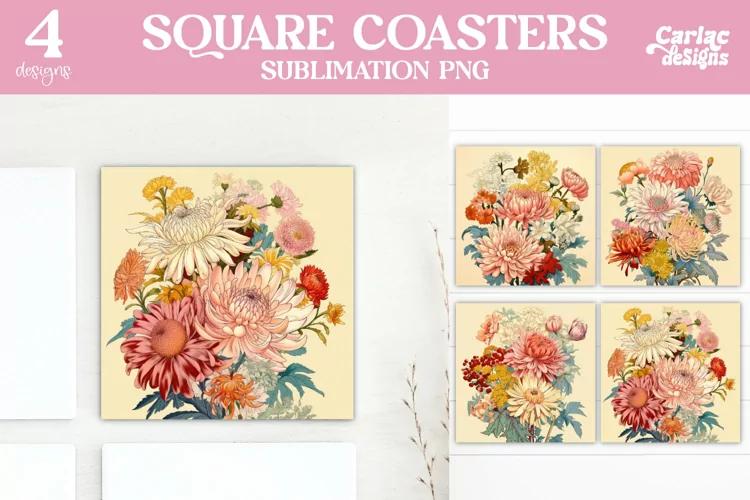Flowers Coaster Sublimation, Vintage Square Coaster