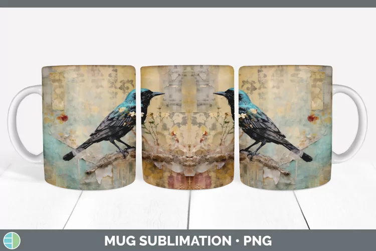 Vintage Starling Bird Mug Wrap | Sublimation Coffee Cup Desi