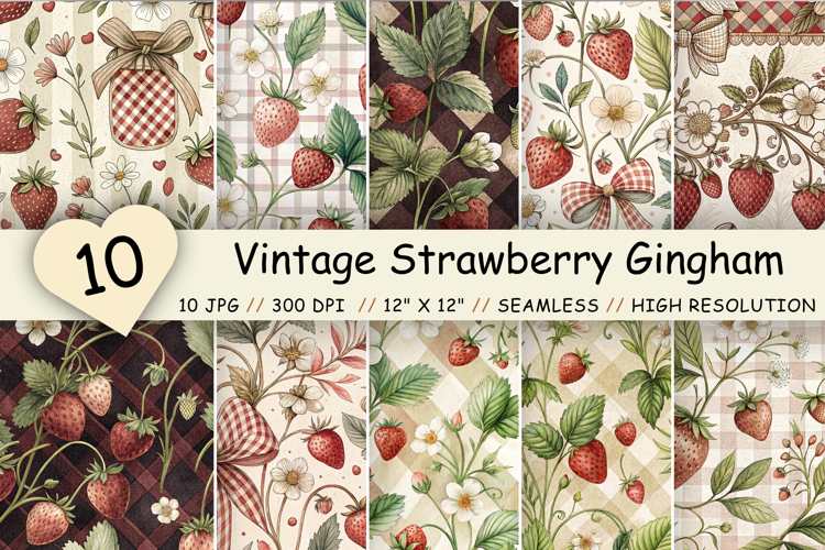 Vintage Strawberry Gingham Digital Paper, Seamless pattern