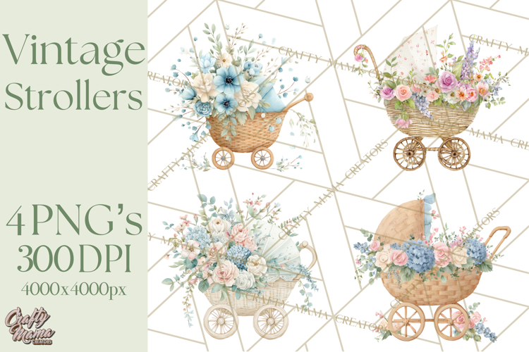 Baby Shower Clipart, Vintage Stroller Png Watercolor
