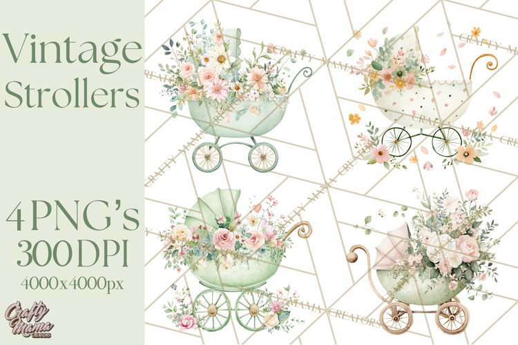 Baby Shower Clipart, Vintage Stroller Png Watercolor