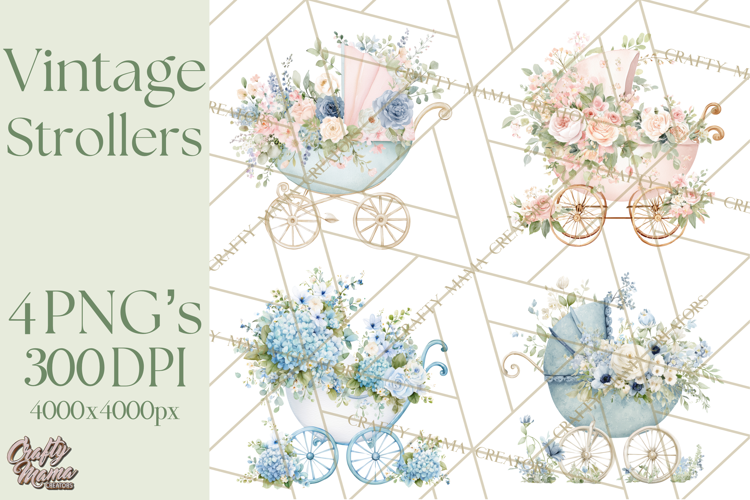 Baby Shower Clipart, Vintage Stroller Png Watercolor