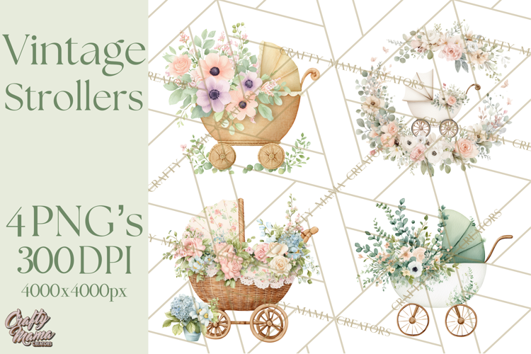 Baby Shower Clipart, Vintage Stroller Png Watercolor